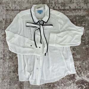 Sheer white and black blouse with neck tie